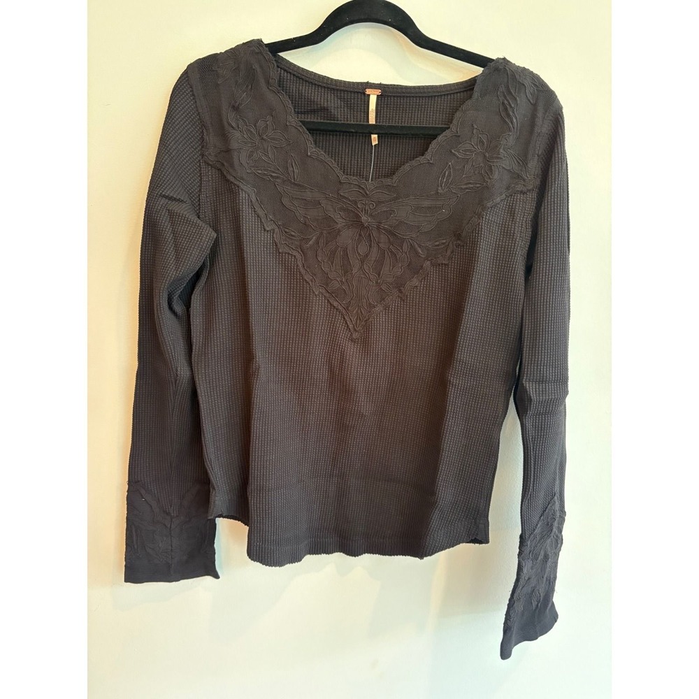 Free People Butterfly Cuff long sleeve thermal tee black XL embroidered new nwt - Picture 9 of 12